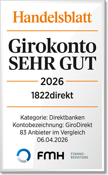 Auszeichnung: Handelsblatt - Girokonto sehr gut in 2026 für die 1822direkt