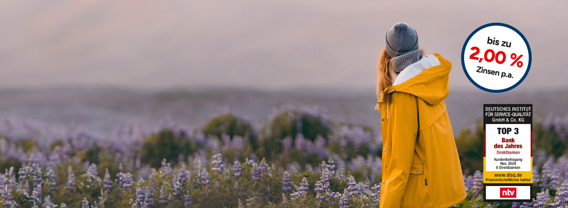 Festgeldkonto mit bis zu 2,00 % Zinsen p.a. und Siegel von Focus Money mit Prädikat "Direktbank des Jahres - Branchensieger - Prädikat Herausragend"