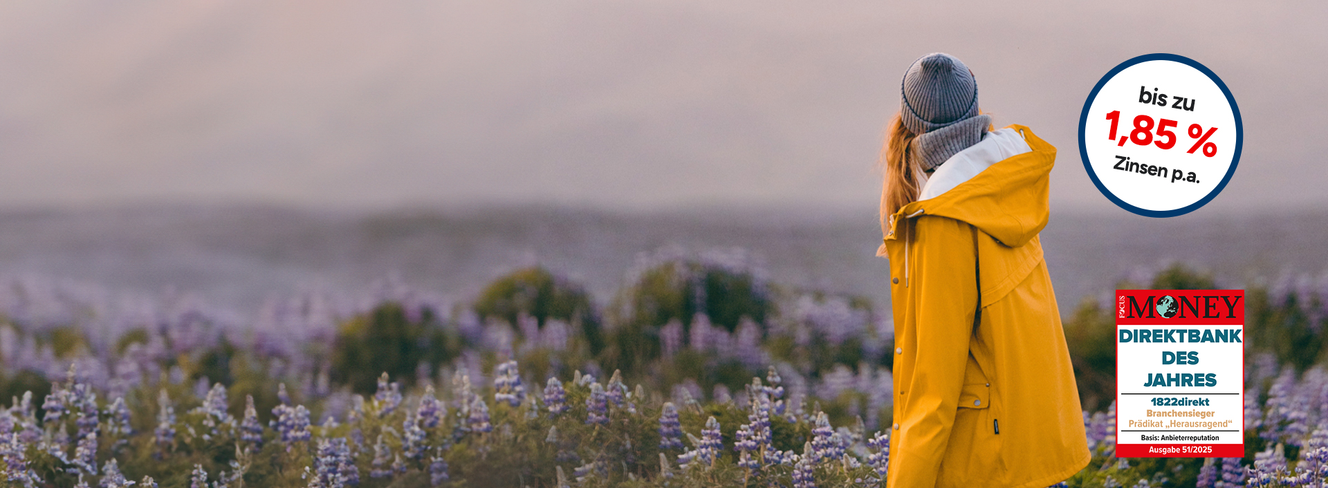 Festgeldkonto mit bis zu 1,85 % Zinsen p.a. und Siegel von Focus Money mit Prädikat "Direktbank des Jahres - Branchensieger - Prädikat Herausragend"