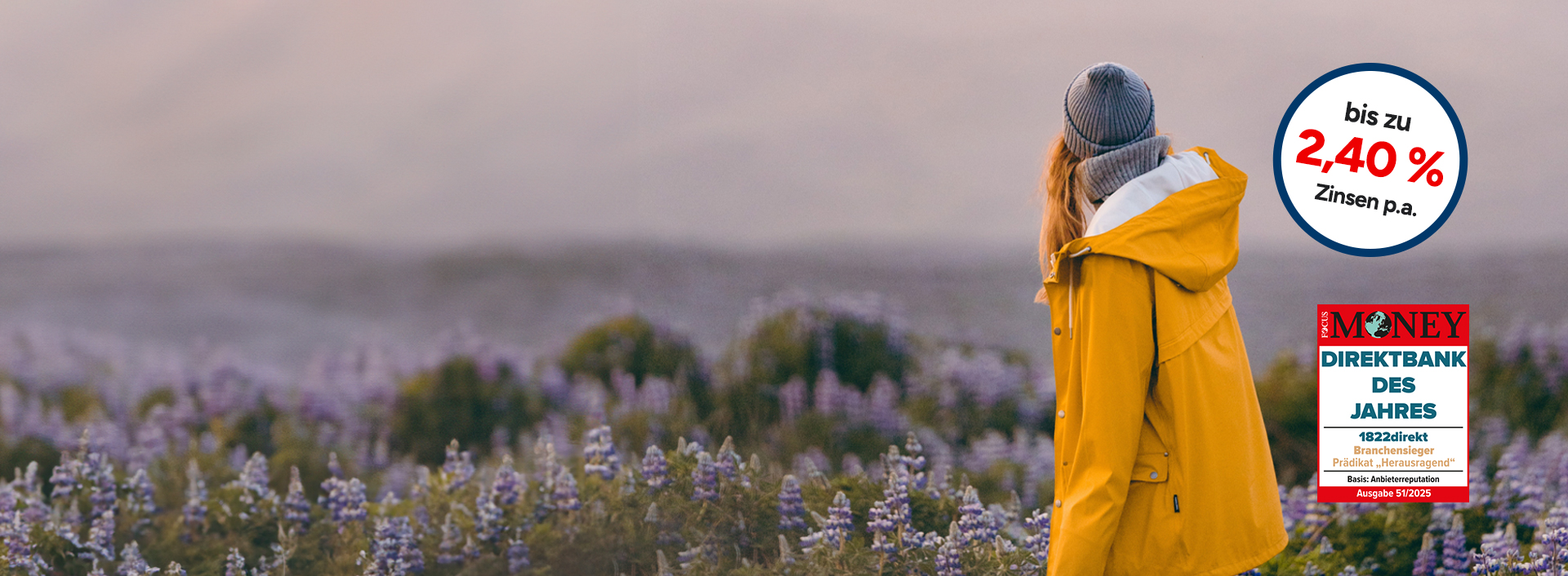 Festgeldkonto mit bis zu 2,40 % Zinsen p.a. und Siegel von Focus Money mit Prädikat "Direktbank des Jahres - Branchensieger - Prädikat Herausragend"