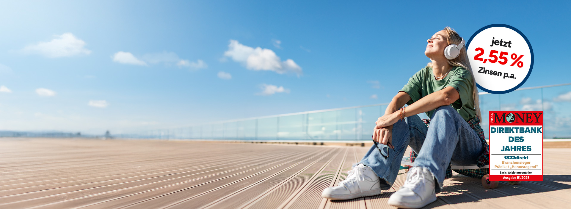  Tagesgeldkonto mit 2,55 % Zinsen p.a. & Siegel von Focus Money mit Prädikat "Direktbank des Jahres - Branchensieger - Prädikat Herausragend"