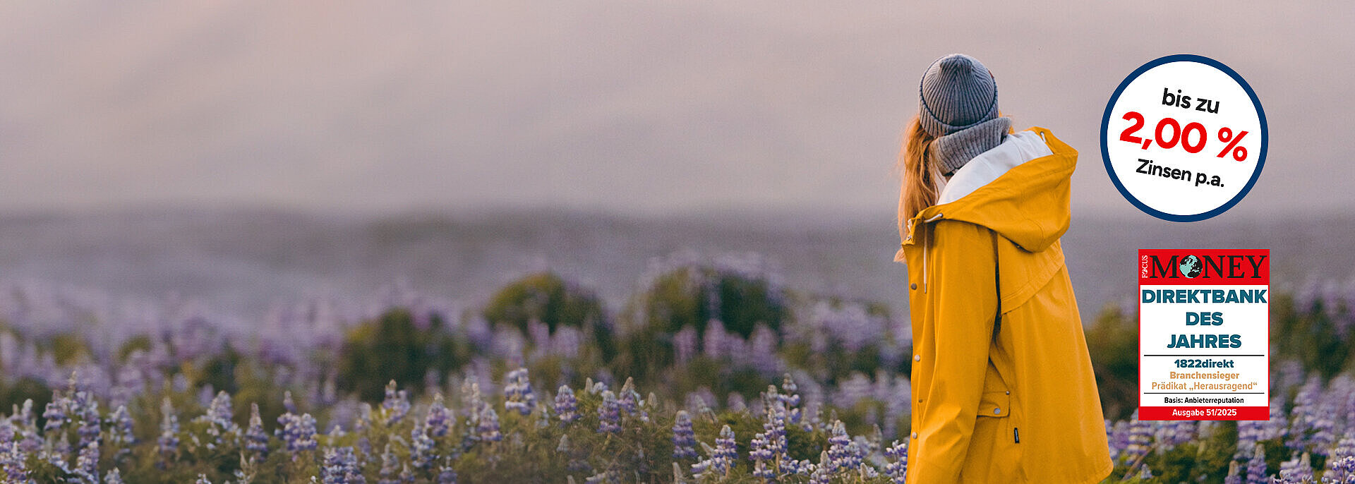 Festgeldkonto mit bis zu 2,00 % Zinsen p.a. und Siegel von Focus Money mit Prädikat "Direktbank des Jahres - Branchensieger - Prädikat Herausragend"