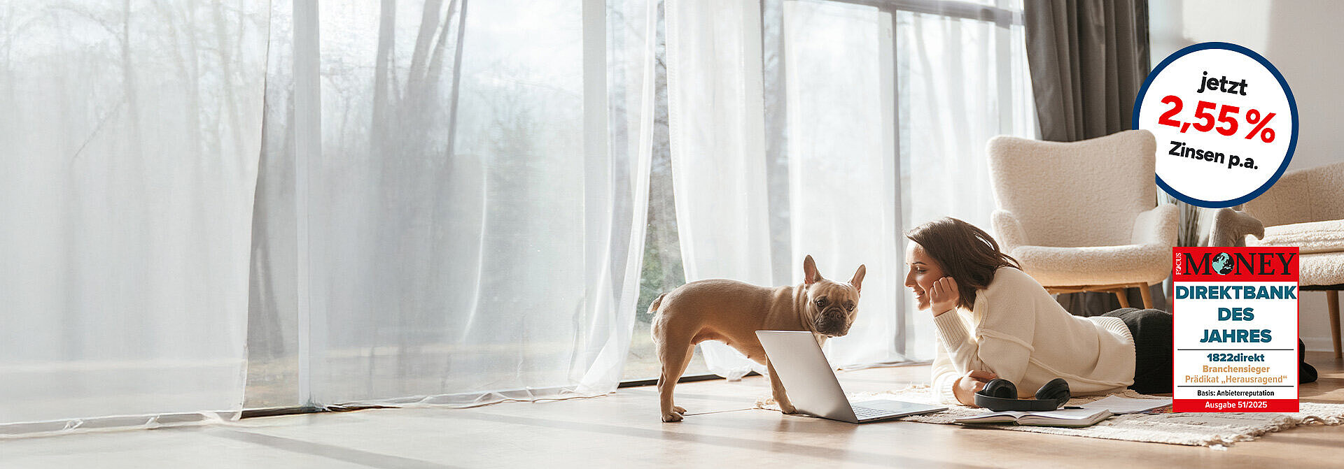 1822direkt Tagesgeldkonto Tagesgeldkonto mit 2,55 % Zinsen p.a. & Siegel von Focus Money mit Prädikat "Direktbank des Jahres - Branchensieger - Prädikat Herausragend"