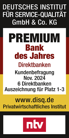 Premium Bank des Jahres - 1822direkt Auszeichnungen von DISQ Premium Bank des Jahres